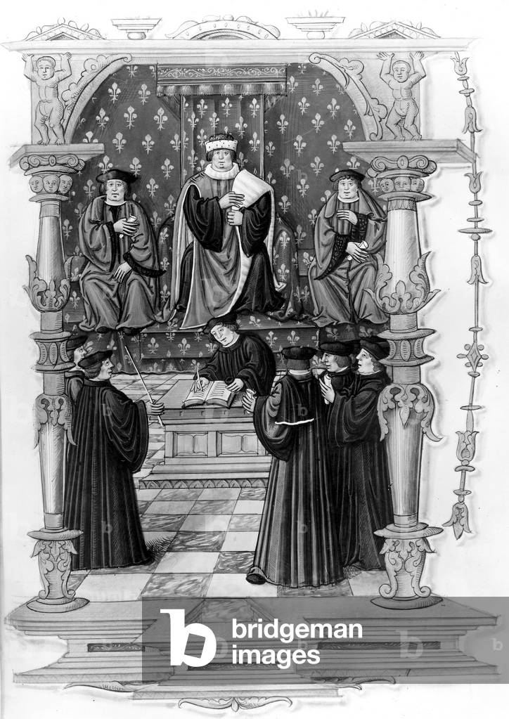Illustration of the king representative dispensing justice in royal court room in Rouen, Normandy 1519-1528 manuscript dating 1537 at the time of king Francois1st in France