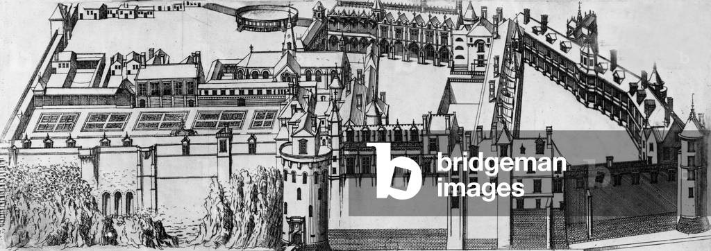 Amboise castle built from 1495 by French king CharlesVIII near Loire river (France), engraving by Jacques Androuet Du Cerceau (1515-1585)