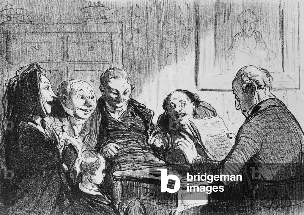 Cartoon by Honore Daumier of reading of testimony at the lawyer's, engraving, c. 1850