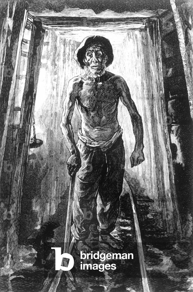 oldest man working in the mine at Decazeville (France) 1880, engraving