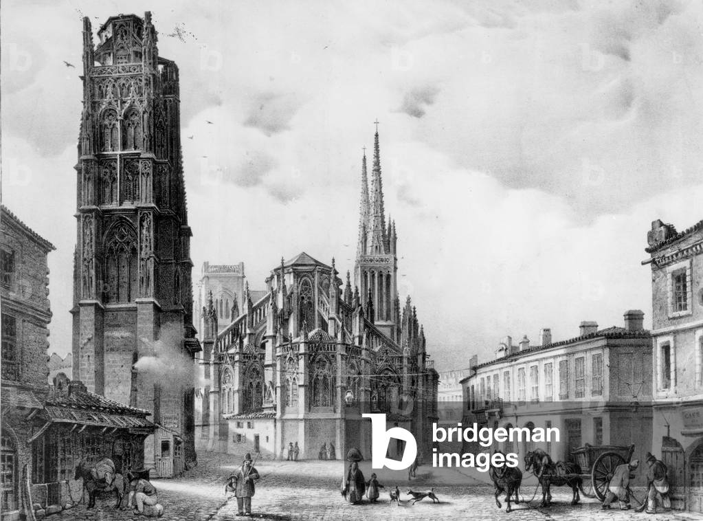 View of the Pey-Berland square and the cathedral Saint Andre in Bordeaux (France), engraving by Lege after Alban, 19th century