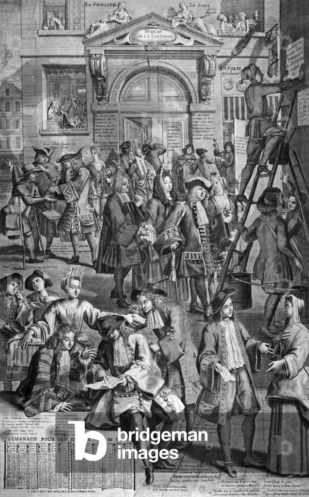 The crowd outside lottery office, engraving for 1701 almanac