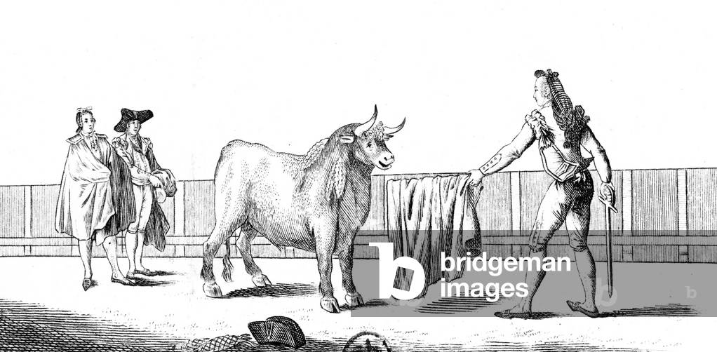 bullfight early 19th century : matador holding the muleta before the dispatch, engraving