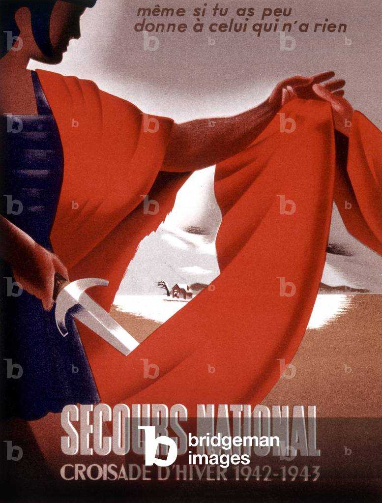 French poster of Secours National encouraging people to be generous to poor people during winter 1942-1943 (image of St martin cutting his coat)