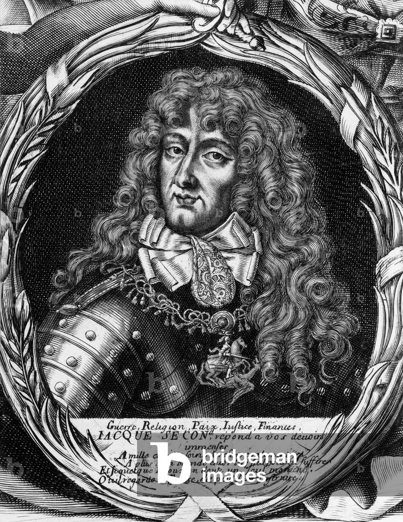 James II (1633-1701) king of Great Britain in 1685-1688, French engraving