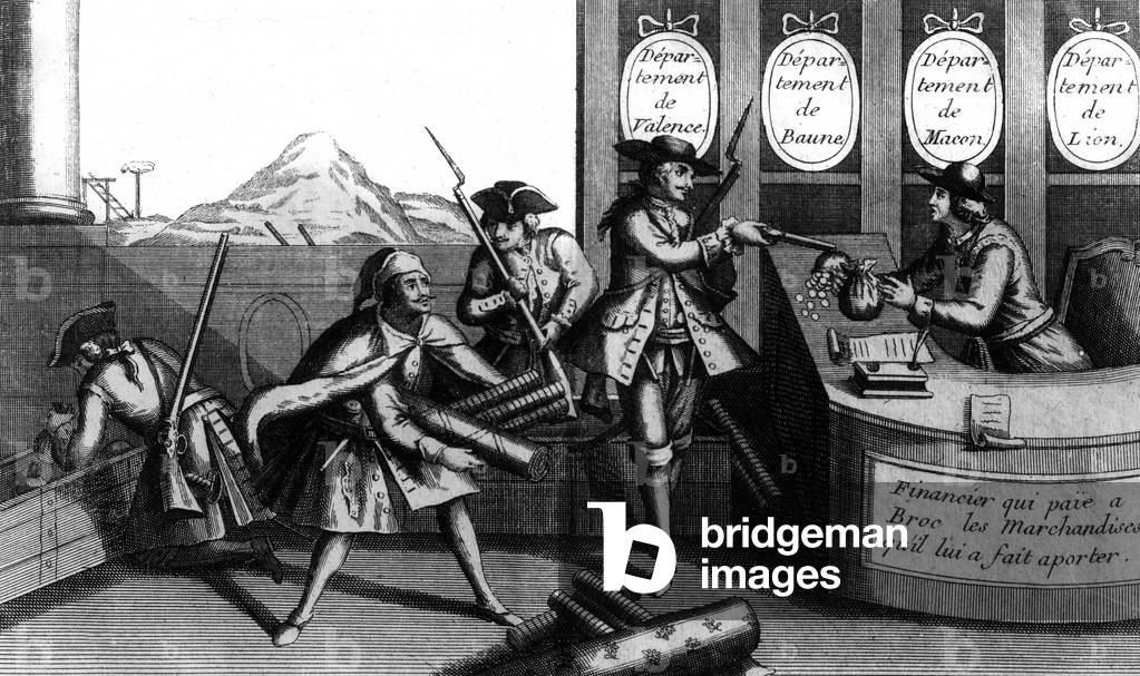 Louis Mandrin (1724-1755) French brigand and smuggler, and his accomplices, robbing a financier, engraving