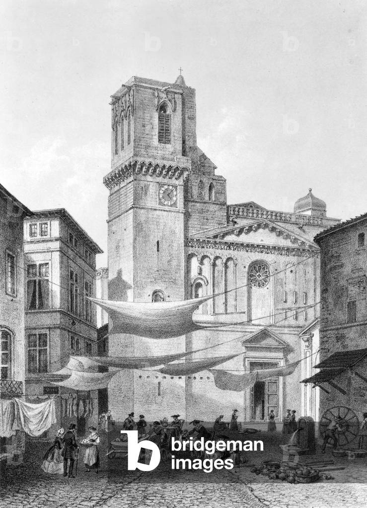View of the cathedral in Nimes south of France, engraving by Becquet brothers after a drawing by Deroy, 19th century