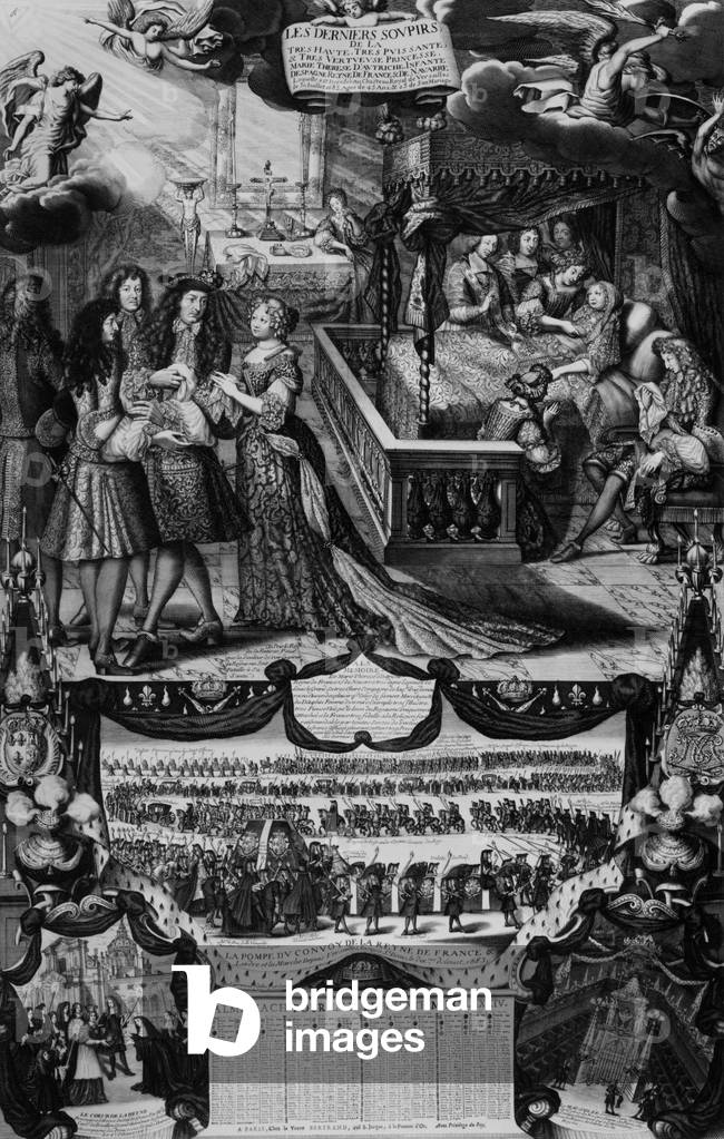 Death of French queen Maria Theresa of Spain (1638-1683) wife of LouisXIV, here her death at Versailles castle (on l : the king Louis XIV), the funerals with procession from Versailles to St Denis, engraving for a 1684 almanach