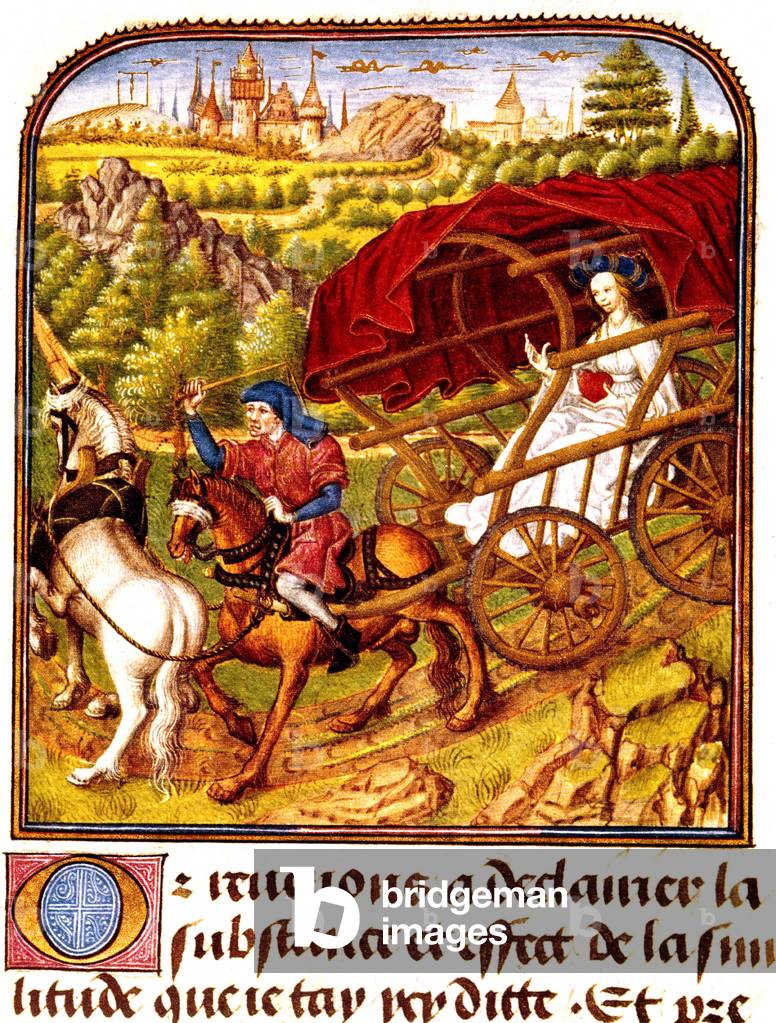 The beloved with heart ahainst her chest, illumination by Jean Colombe from manuscript Livre du Cuer et de Mortifiement de vaine plaisance by king Rene d'Anjou, 1470