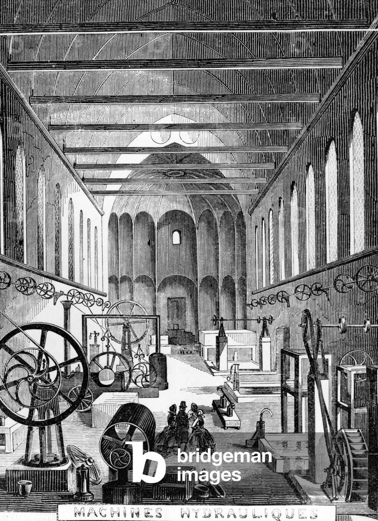View of the National Conservatory of Arts and Crafts in Paris : room of the hydraulic machines, in the late 19th century, engraving