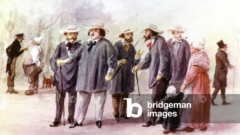 Honore de Balzac (1799-1850) and his friends dressed up as farmers in Ville d'Avray, watercolor by Paul Chardin, 1840