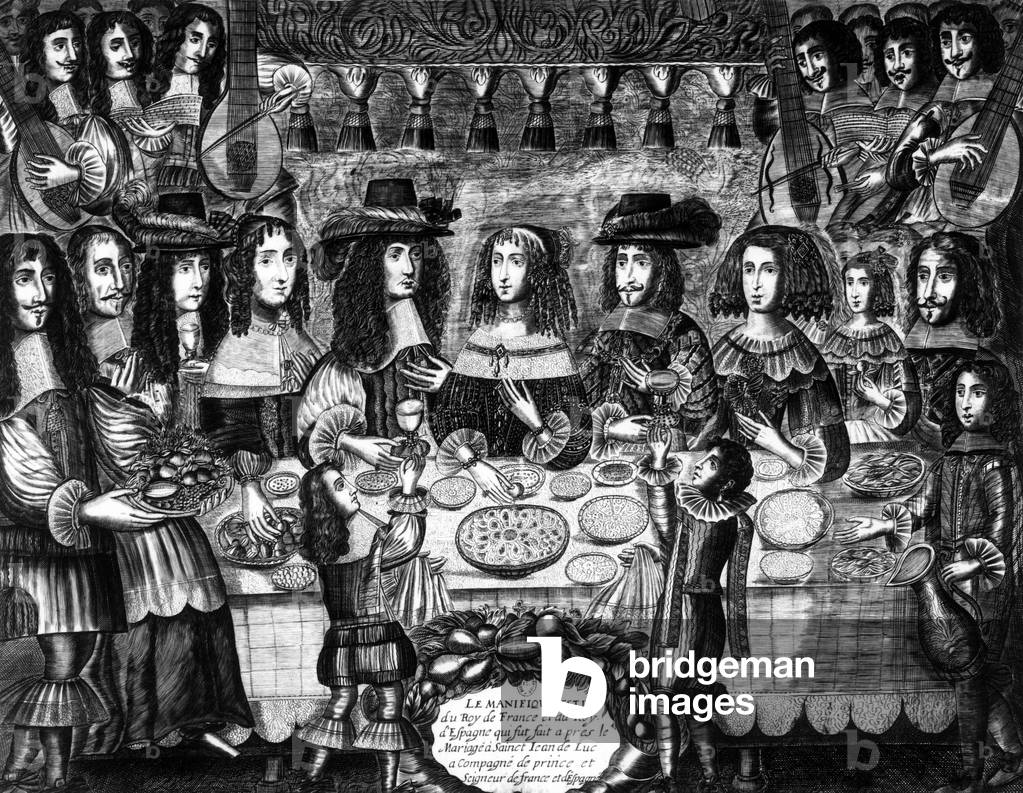 Diner for wedding of French king Louis XIV and spanish infanta Marie-Therese on june 9, 1660 in St Jean de Luz, France : in the c : l-r : Louis XIV, his mother Anne of Austria, king of Spain Philipp IV, his daughter Marie Therese, engraving