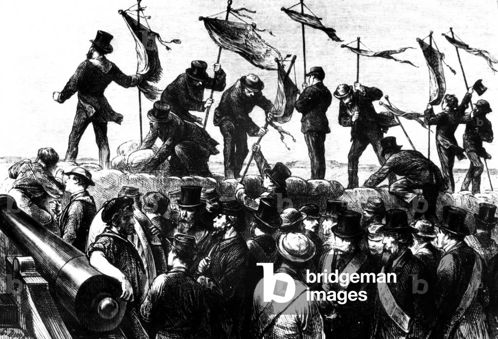 Freemasons encouraging the Paris Commune civil war in 1871 : here freemasons with banners, engraving
