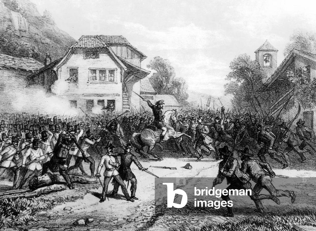 Giuseppe Garibaldi (1807-1882) italian patriot driving out The Austrians from Varese in 1859, engraving