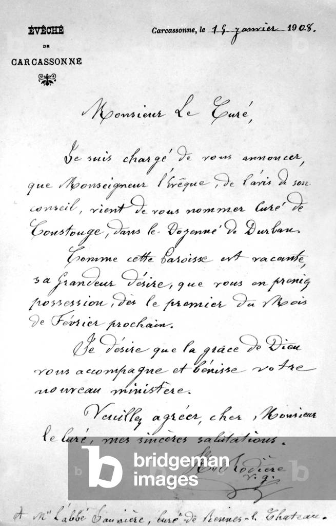 unofficial letter announcing to Sauniere his transfer to another parish january 15, 1908