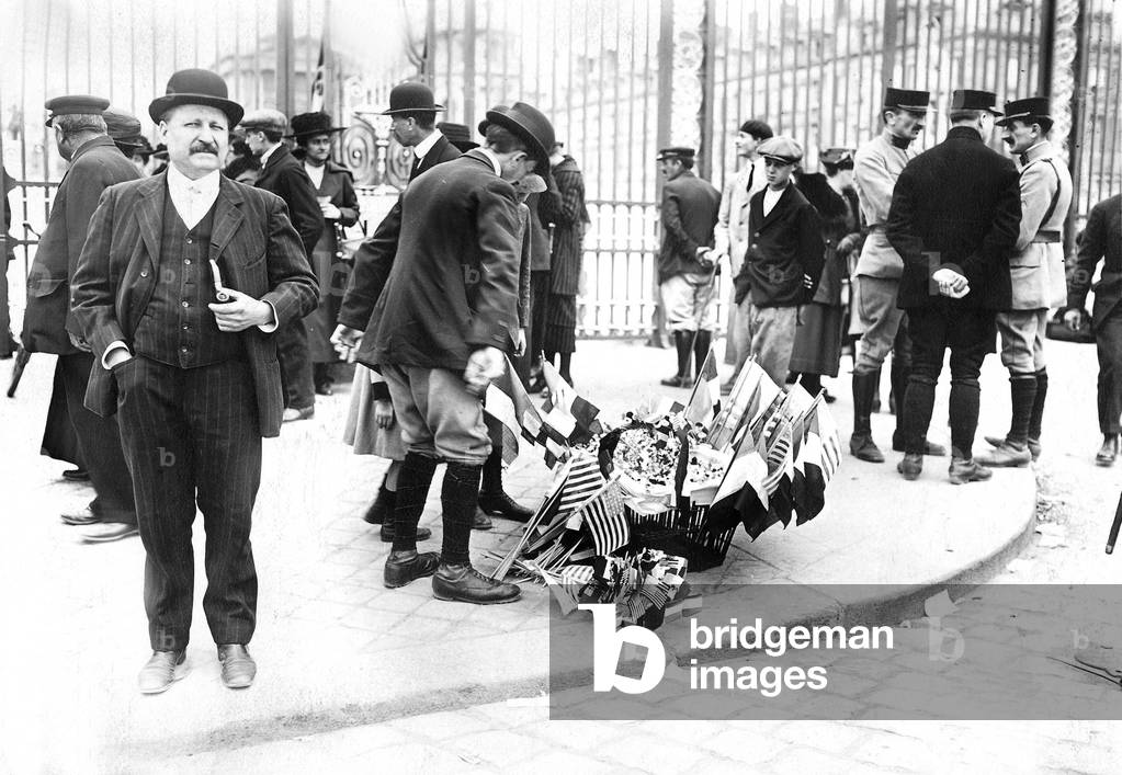 Small Allied flags merchant or streetvendor at the time of signature of Versailles Peace Treaty june 28, 1919 France