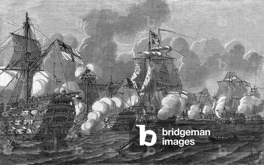 admiral Horatio Nelson (1758-1805) here on october 21, 1805 during Trafalgar battle on october 21, 1805 : english victory of admiral Horatio Nelson against French and spanish fleet where he died, engraving
