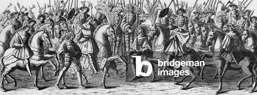 Meeting of French king Francois 1st and english king Henri VIII on june 7, 1520 at the Field of the Cloth of Gold , engraving