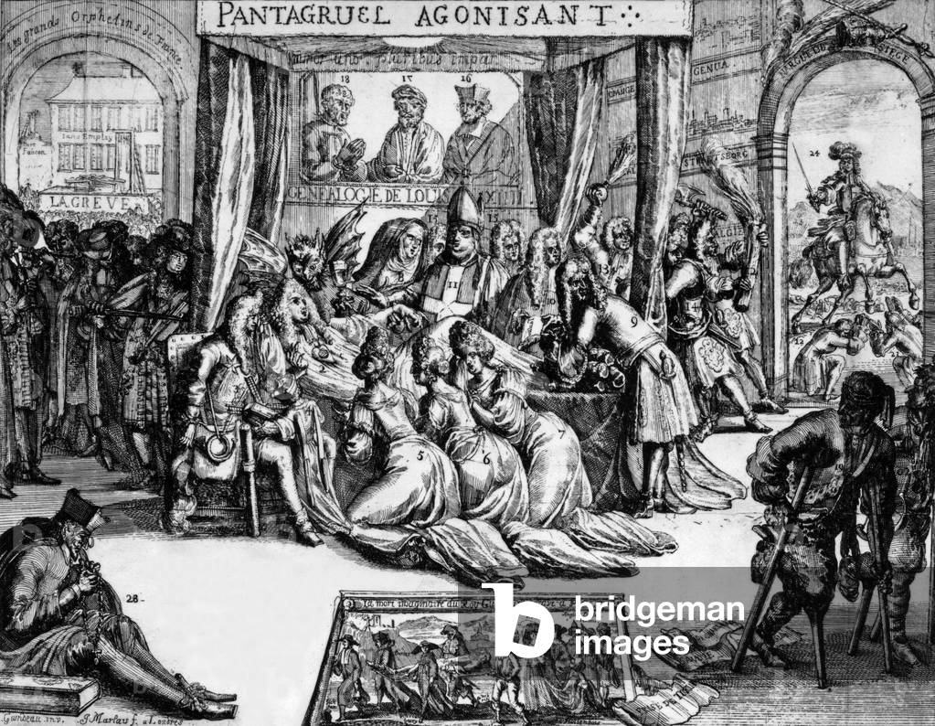 Pantagruel being dying, 1690 engraving by Romeyn De Hooghe for book 