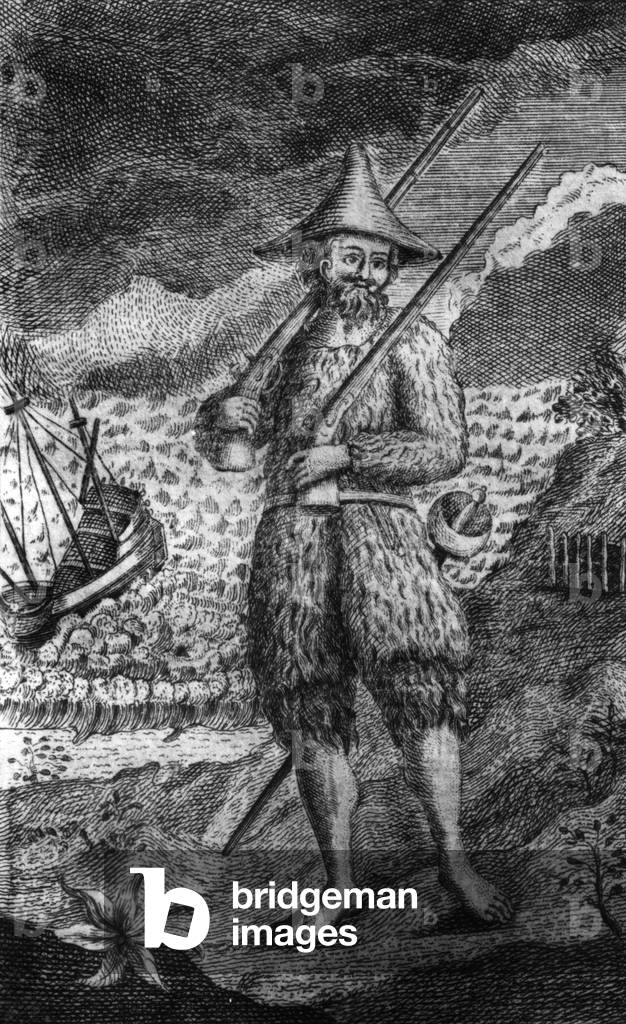 Robinson Crusoe, illustration for novel by Daniel Defoe (1719) engraving