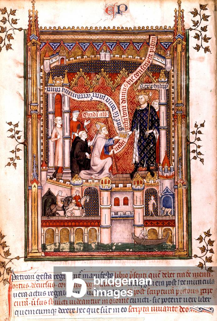 The bishop Gilles of Pontoise showed the book to Philippe 5th le long is an illumination extracting from the French manuscript entitled Life and miracle of Saint Denis, written by Yves, the monk of Saint Denis, dating 1317