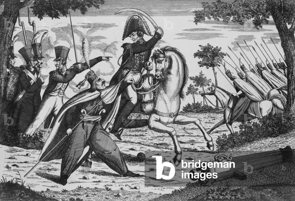 Champaubert battle on february 10, 1814 when napoleonic army defeated russian army, anonymous engraving