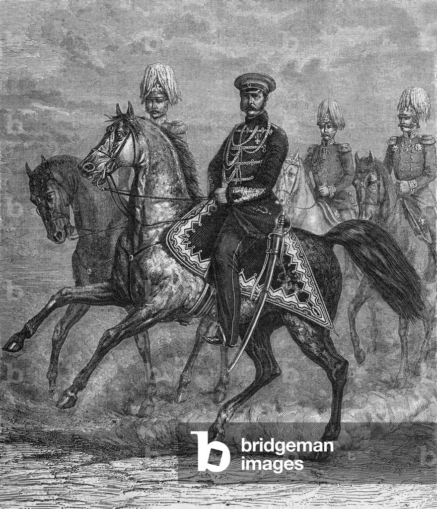 czar Alexander II of Russia (1855-1881, emperor of Russia 1801-1825) on horse, engraving