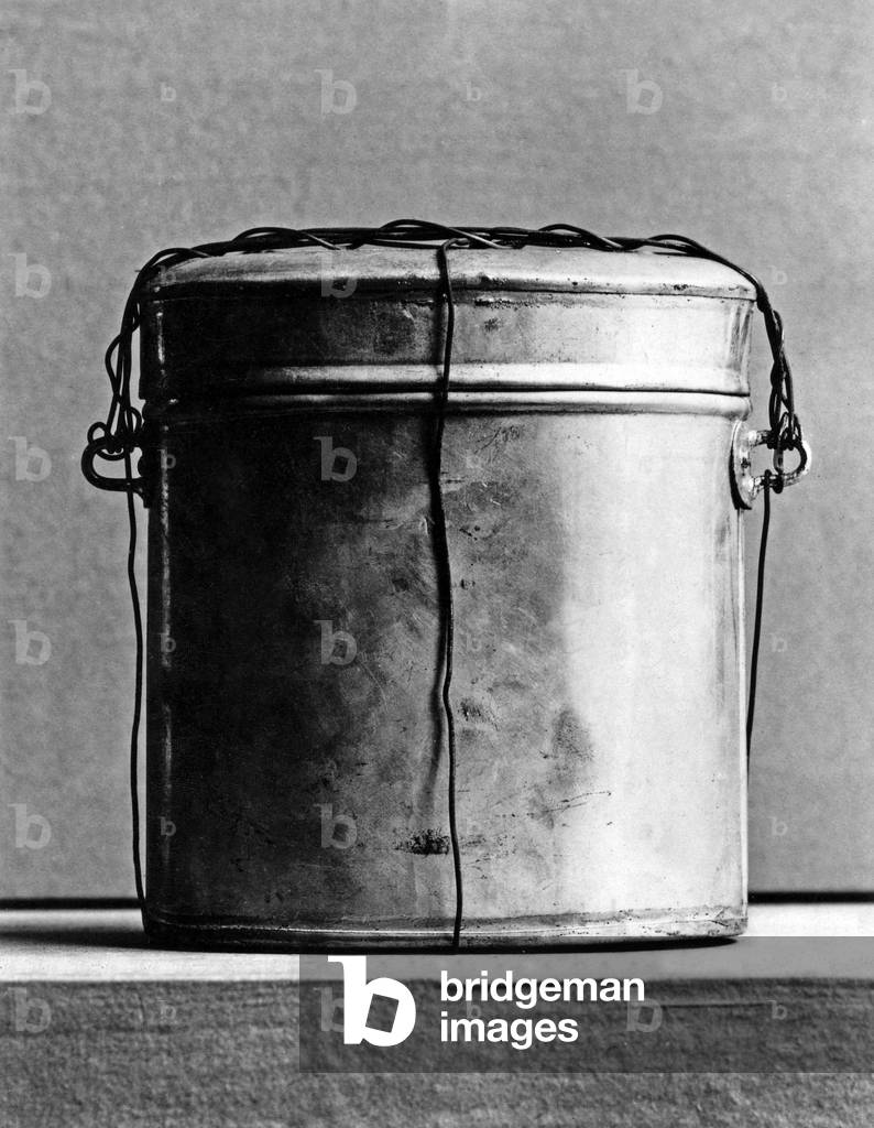 Reconstitution of explosive engine used by Auguste Vaillant for his attack at French national assembly in Paris on december 9, 1893