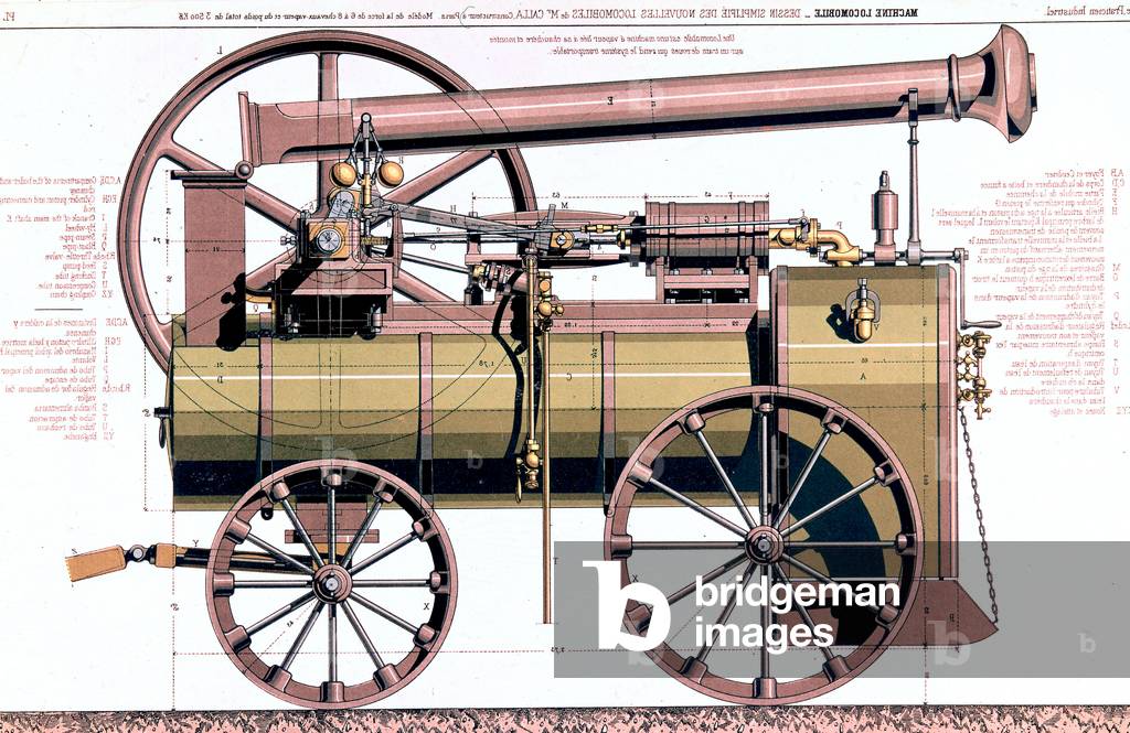 farm steam engine designed by French mechanical engineer Caller c. 1860, engraving