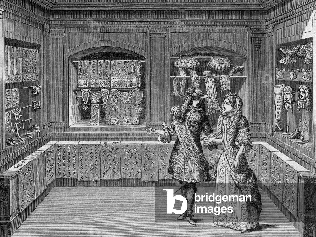 Embroidery shop in Paris, 17th century, engraving after Berain
