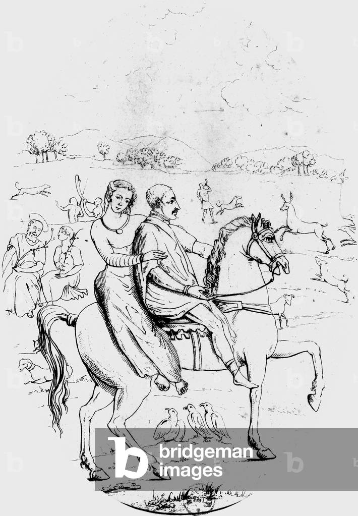 French king Henri II (1519-1559) and his mistress Diane de Poitiers (1499-1566), drawing