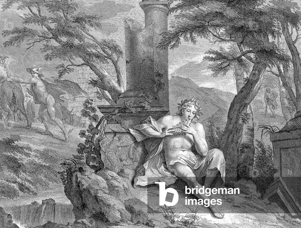 Mercury stealing Apollo's oxes, engraving, 18th century