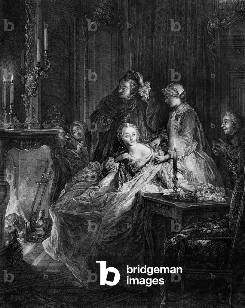 back from the ball , engraving by Beauvarlet after De Broy , 18th century (aristocrats' daily life under LouisXV)
