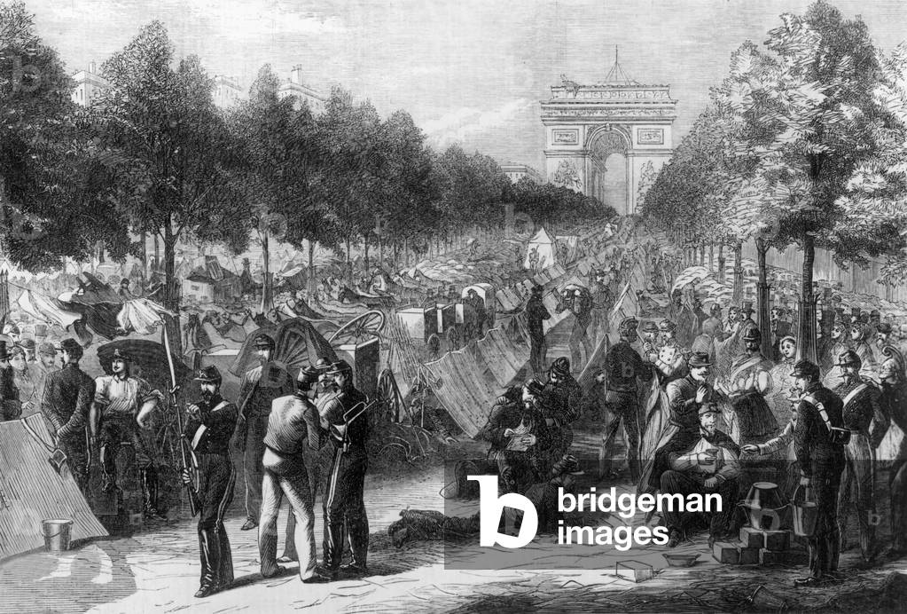 Troops of the regular army encamped in the Champs Elysees, Paris, september 18, 1870, engraving