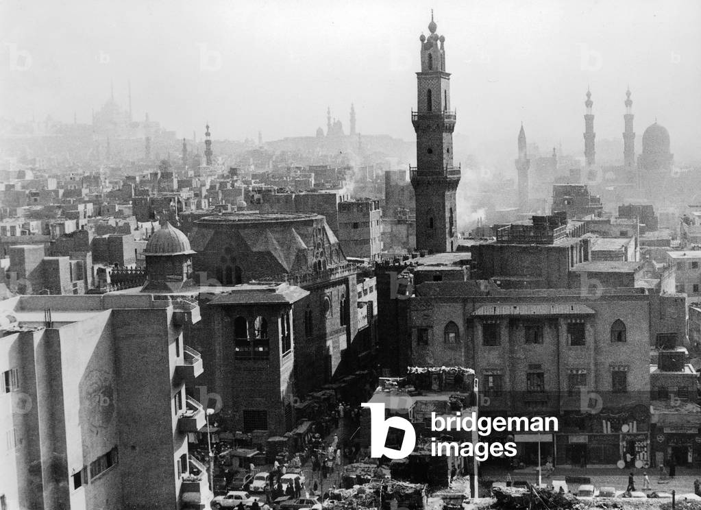 Minaret of mosque and Madrasa of al-Ghouri (16th century, Mameluke art) in Cairo, Egypt, photo c. 1960