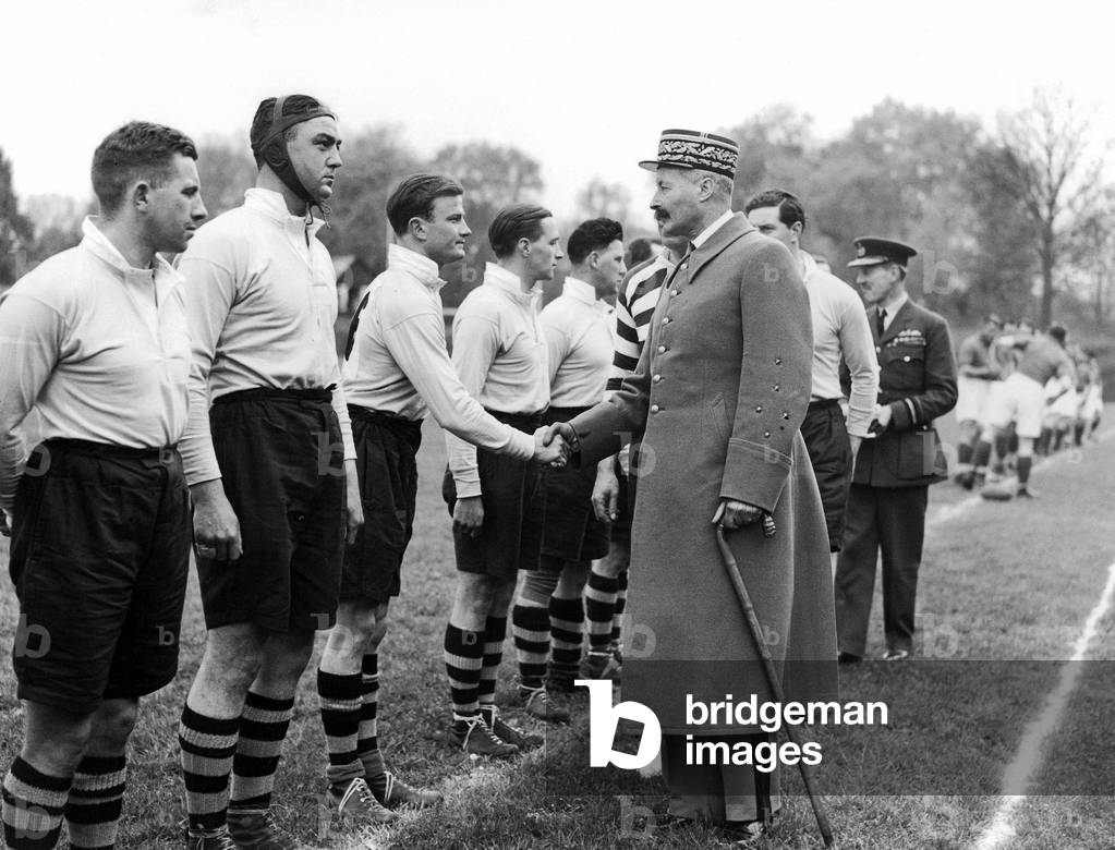 French general Henri Giraud shaking hands with the RAF players may 5, 1940