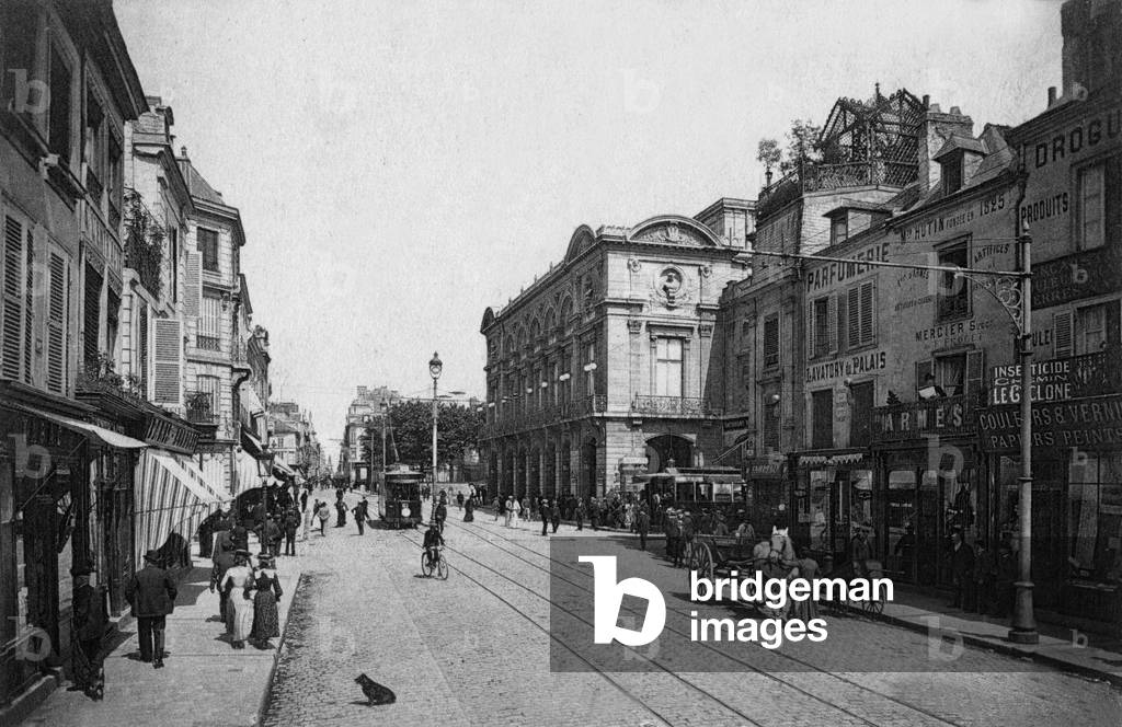 A street with theatre in reims, postcard, c. 1895