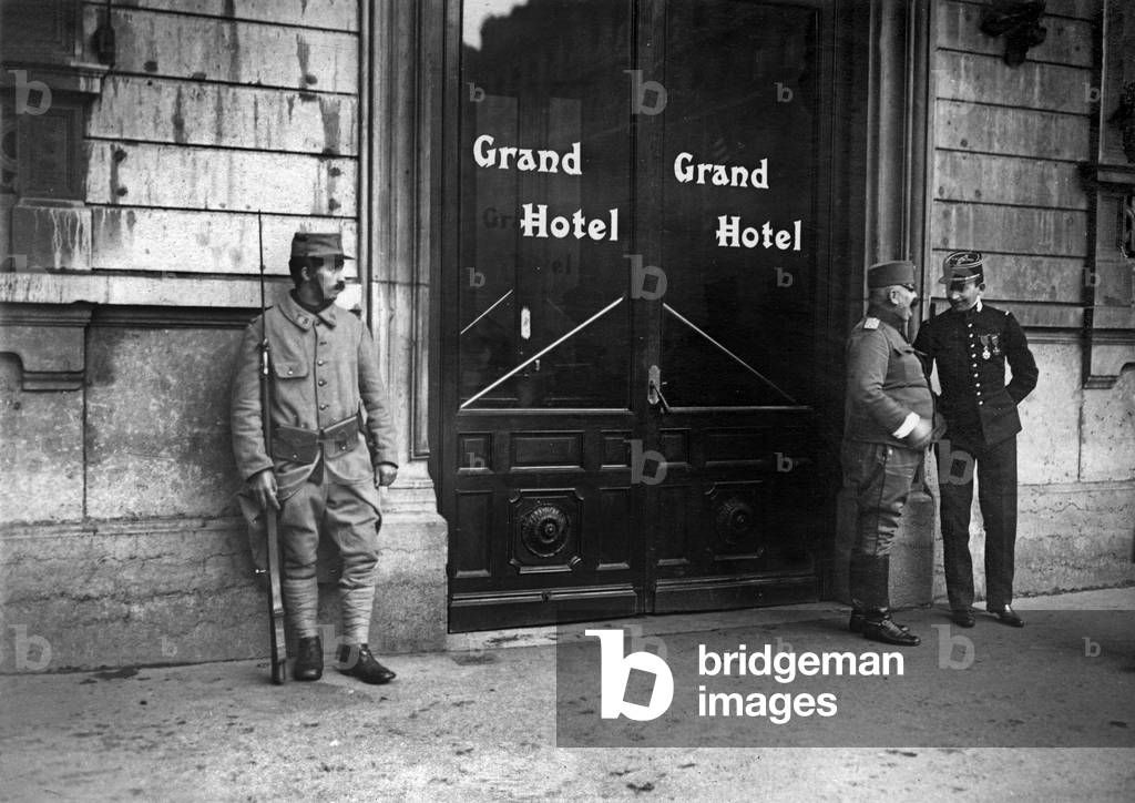 In Lyon, France, colonel outside Grand Hotel where is royal family of Montenegro 1916