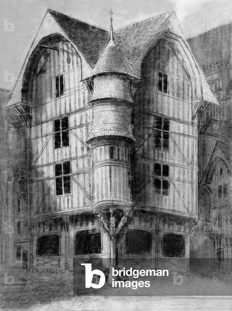 turret of the goldsmith in Troyes (Aube, France), 16th century house, drawing (1850)