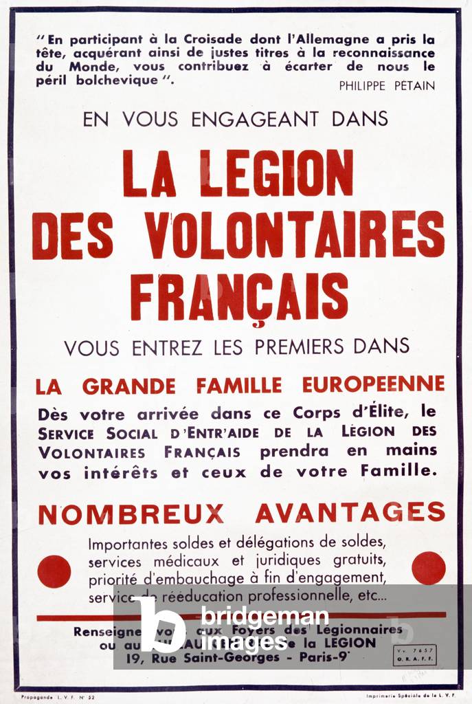 French propaganda poster of Vichy government for LVF c. 1941 (Legion of French Volunteers Against Bolshevism)