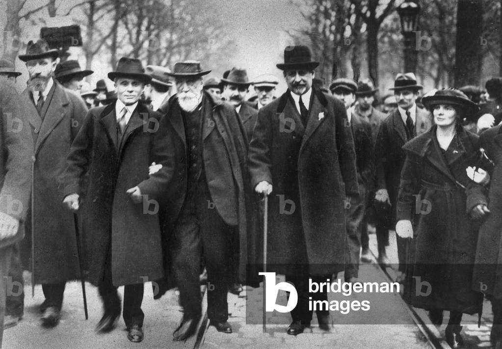 Anatole France (c, 1844-1924) French writer with Leon Blum (r) during demonstration in honour of JeanJaures on april 6, 1919 in Paris