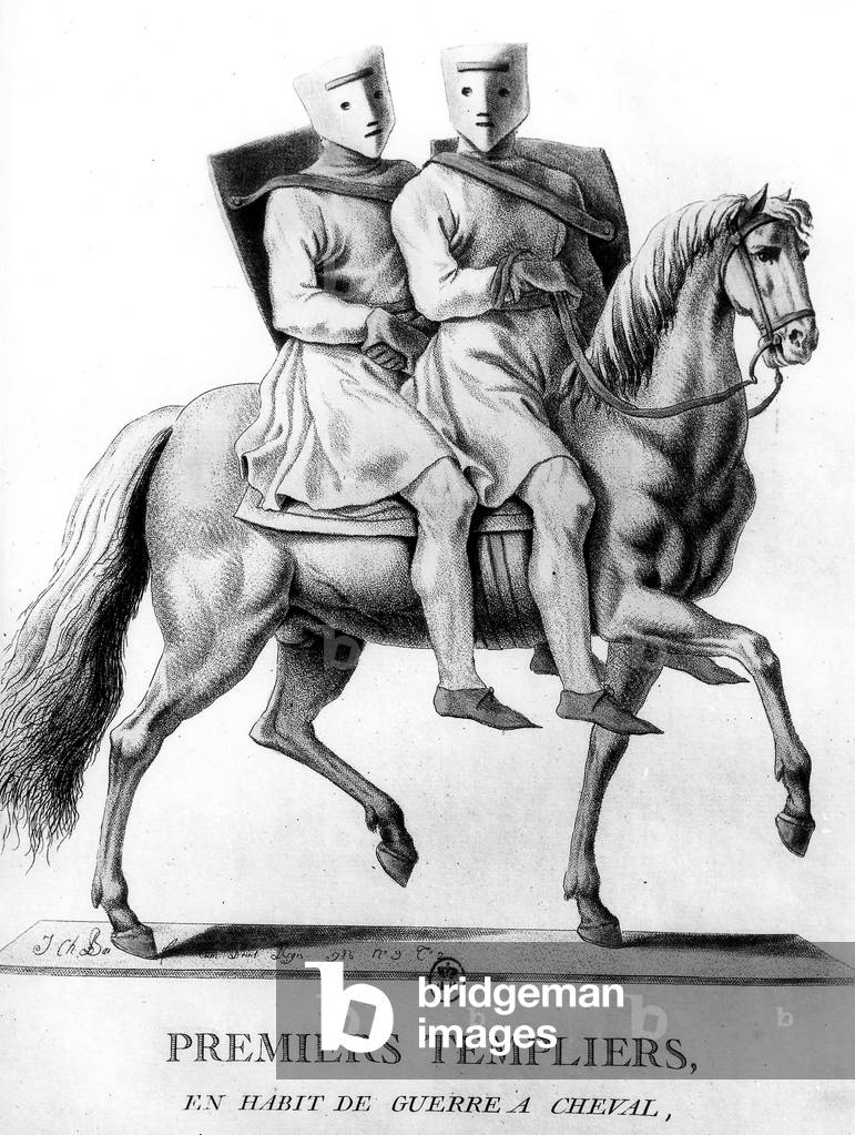 1st knights Templar (order founded in 1118 and eradicated in 1312) with war suit, on horse, engraving by Jacques Charles Bar, France, 1786