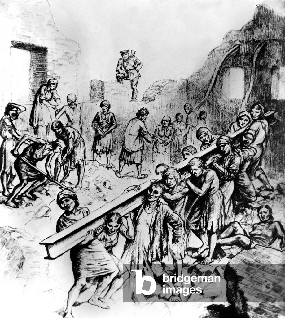 Life of prisoner interned in a camp in USSR under Bolshevik system : under the eyes of fell-fed police, women are forced to do the same hard work as men, without adequate food and clothing, drawing, 30's