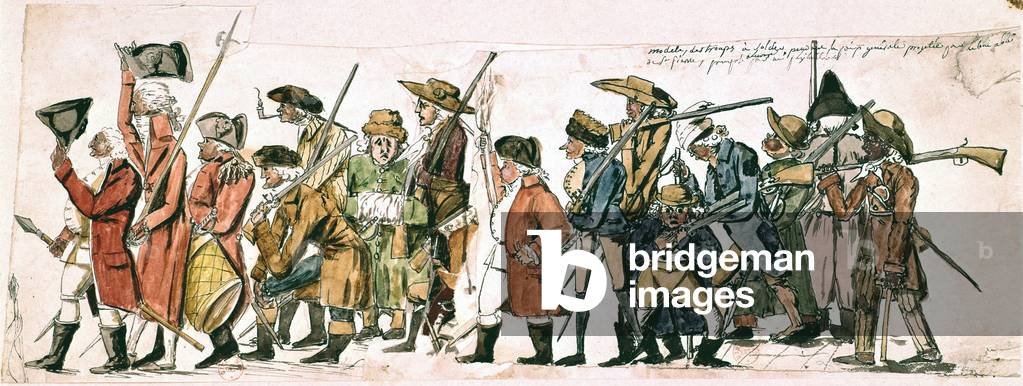 Paid men to be soldiers, 1788, France, drawing