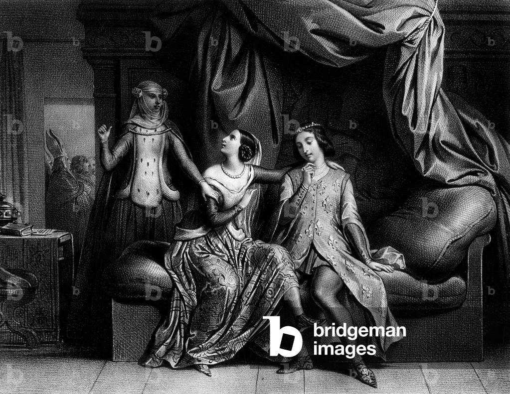 French king Saint Louis (Louis IX 1214-1270) and his wife Marguerite de Provence (1221-1295) interrupted by Blanche of Castile, mother of St Louis, engraving after Deveria (1839)