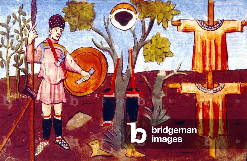 clothing of merovingian soldier (481-751 AD), from 15th century manuscript illumination