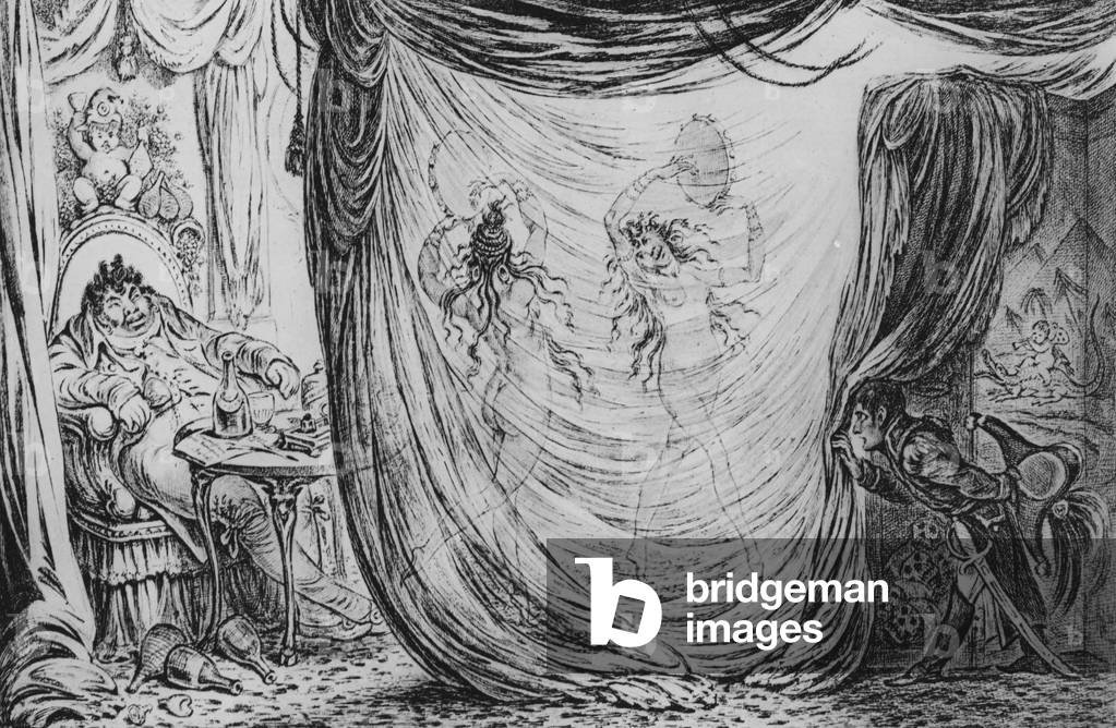 Madame Tallien and Impress Josephine de Beauharnais dancing naked in front of Barras, during the winter of 1797 on the right Bonaparte looks at the scene, hides behind a screen English cartoon by Gillray