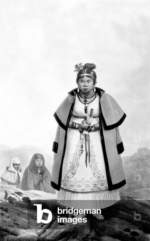 Brazil : civilized guaranis women going to mass on sunday, lithography from a drawing by Jean-Baptiste Debret, 19th century