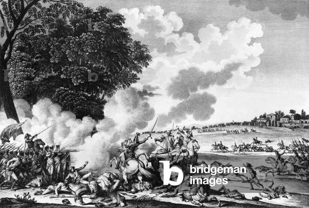 Death of general Joubert at Novi battle won by russian and austrian armies against French napoleonic troops on august 15, 1799, engraving by Dupreel, 19th century