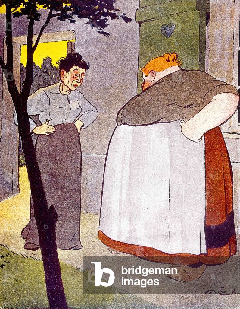 cartoon about wearing corset or not, c. 1900